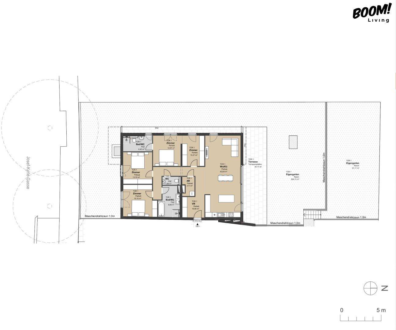 Grundrissplan mit offenem Wohnbereich, mehreren Zimmern, Terrasse und Garten.