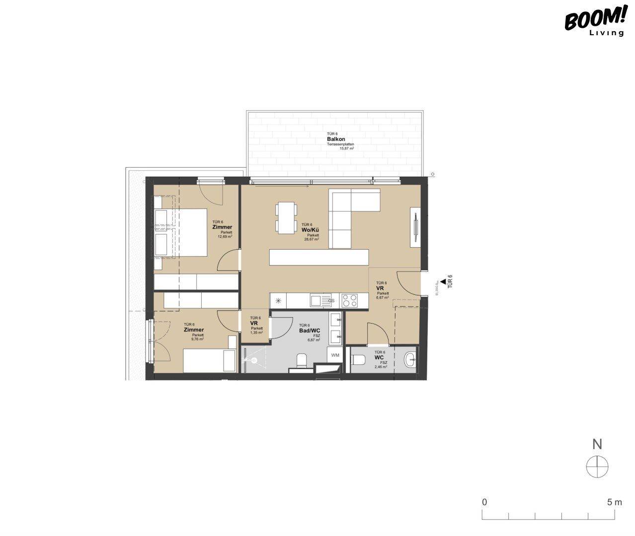Grundriss einer Wohnung mit zwei Zimmern, Wohnküche, Bad und Balkon.
