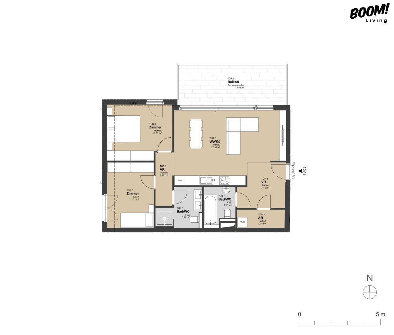 Detaillierter Grundriss einer Wohnung mit drei Zimmern, offenem Wohnbereich und Balkon.