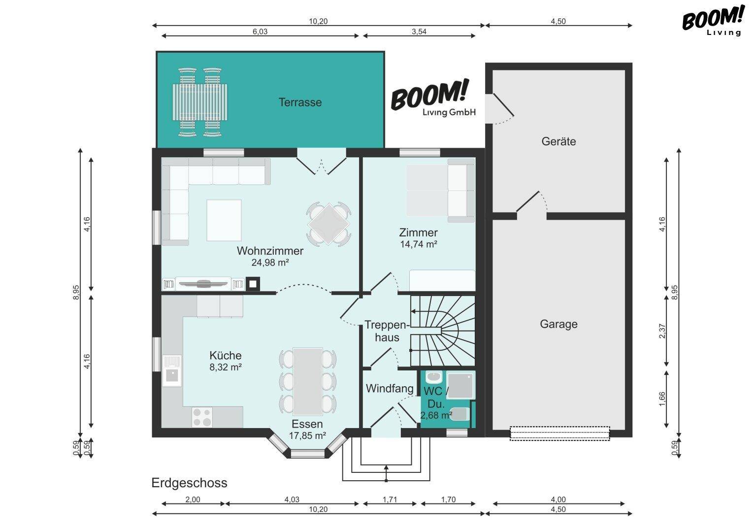 Erdgeschoss-Grundriss mit Wohnzimmer, Essbereich, separater Küche, Zimmer, WC/Dusche, Garage und Terrasse.