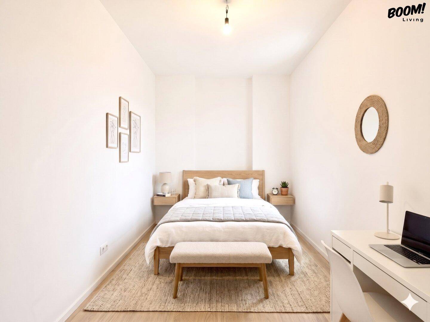 Gemütliches Schlafzimmer mit Doppelbett, Holzboden und minimalistischer Einrichtung.