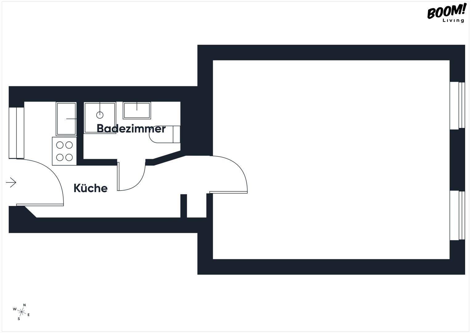 Grundriss des Apartments mit separater Küche, Badezimmer und großem Wohnbereich.