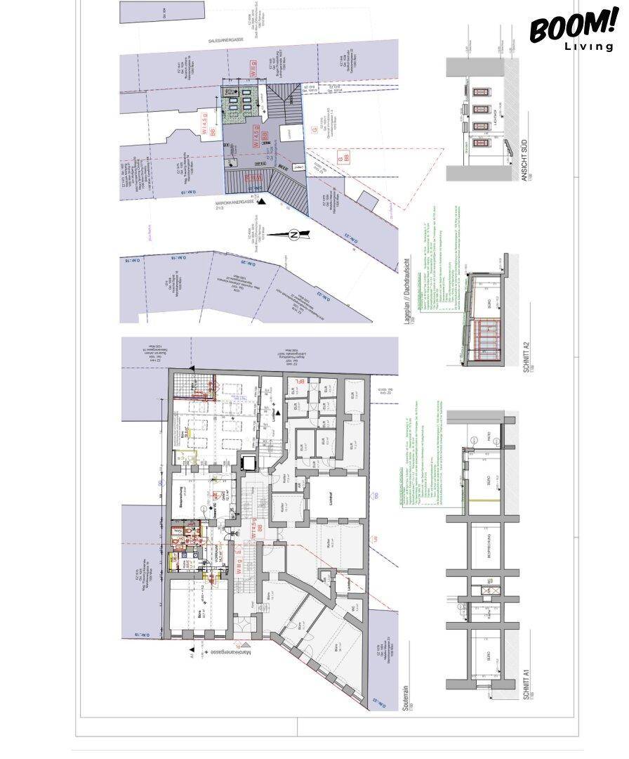 Detaillierter Grundriss des Gebäudes mit verschiedenen Ebenen und Schnitten.