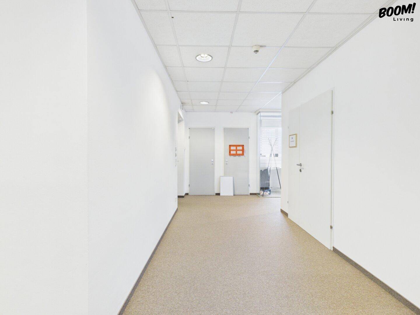 Heller Flur mit Teppichboden und Türen zu verschiedenen Büros, gut beleuchtet.