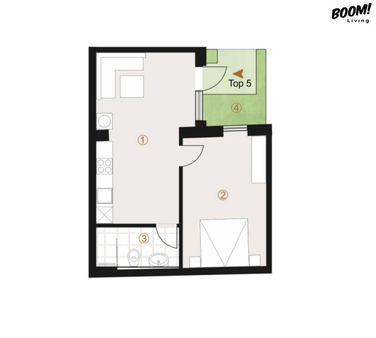 Grundriss einer Wohnung mit Wohnbereich, Schlafzimmer, Bad und Balkon.