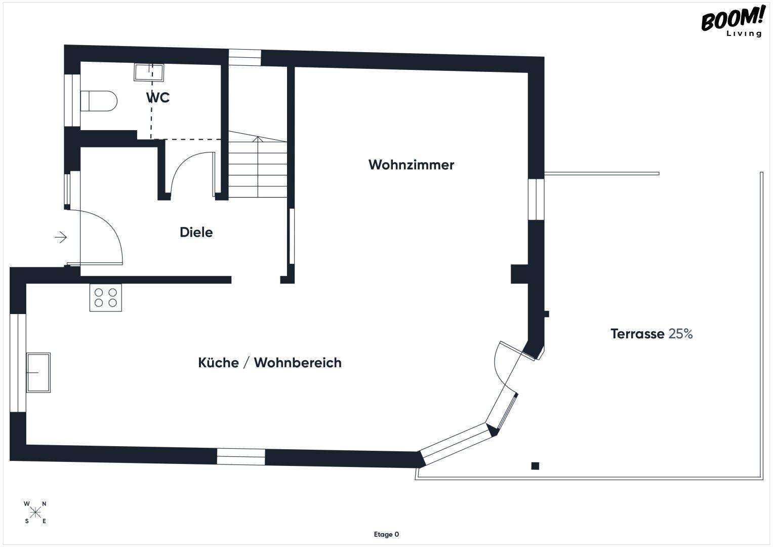 Grundriss des Erdgeschosses mit Wohnzimmer, Küche/Wohnbereich, Diele, WC und Terrasse.