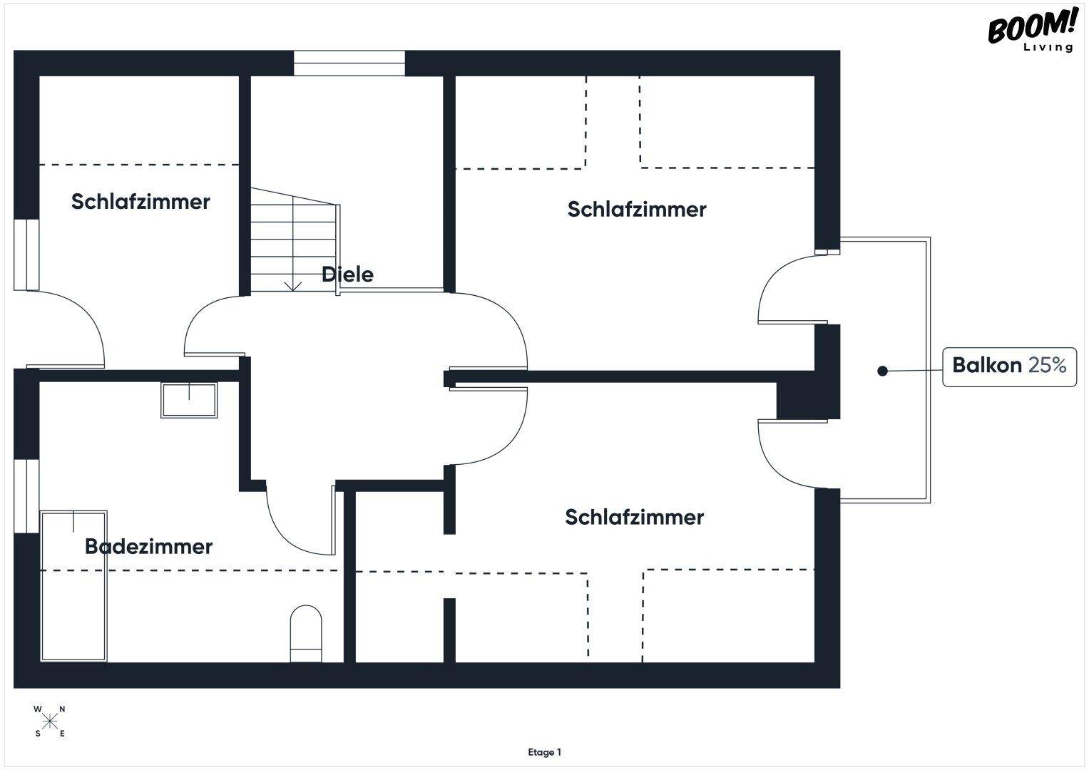 Grundriss des Obergeschosses mit drei Schlafzimmern, Badezimmer, Diele und Balkon.