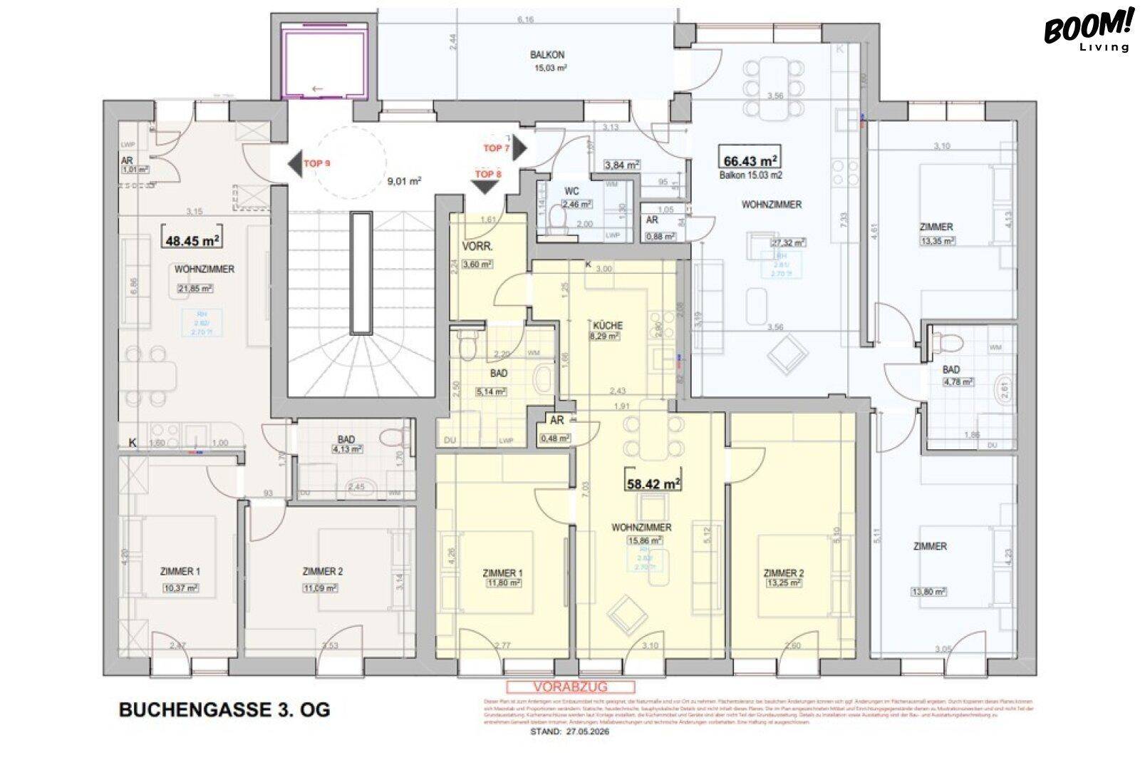 Detaillierter Grundriss der 3. Etage mit mehreren Zimmern, Bädern und Balkonen.