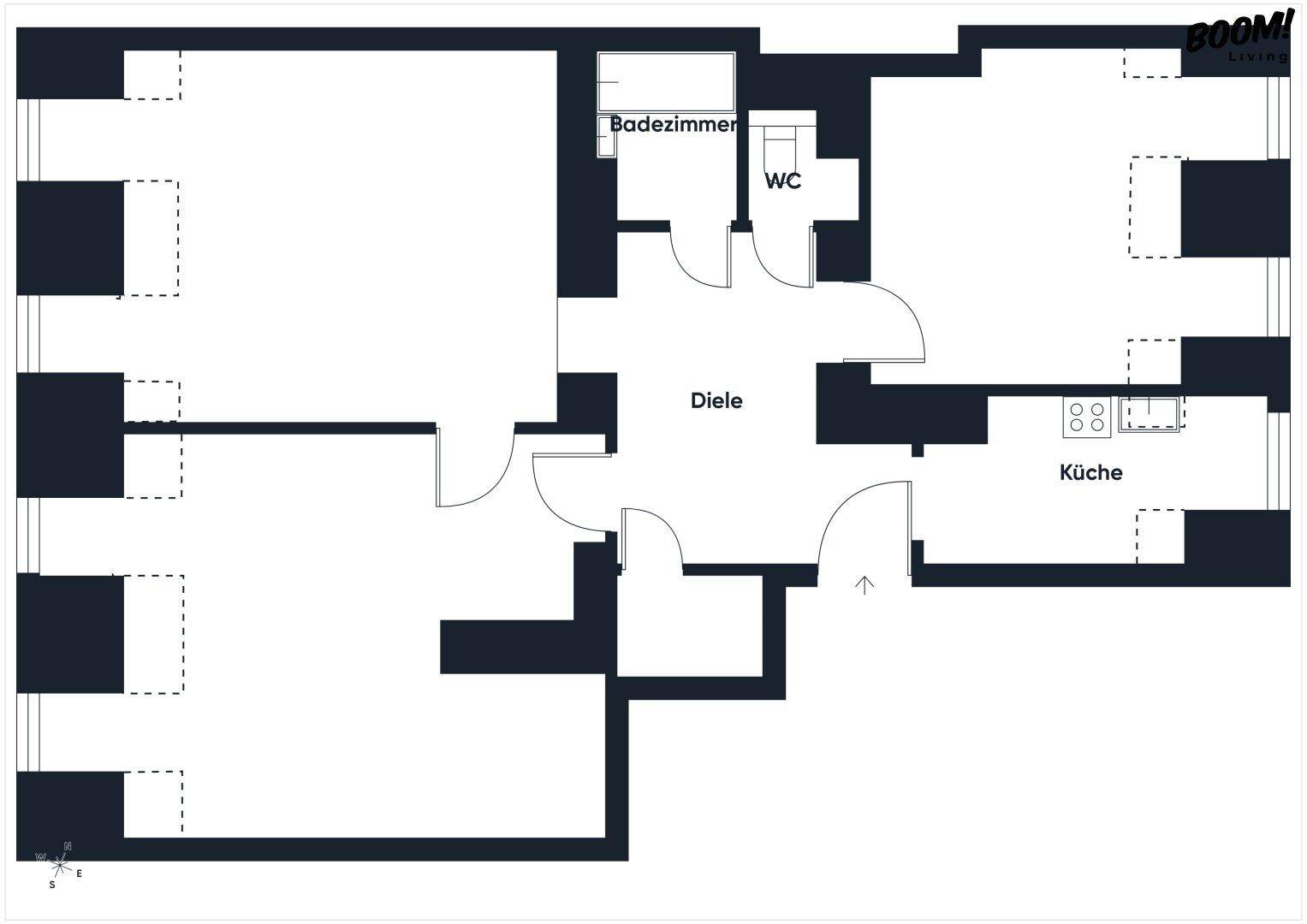 Grundriss einer Wohnung mit Badezimmer, separatem WC, Diele und Küche.