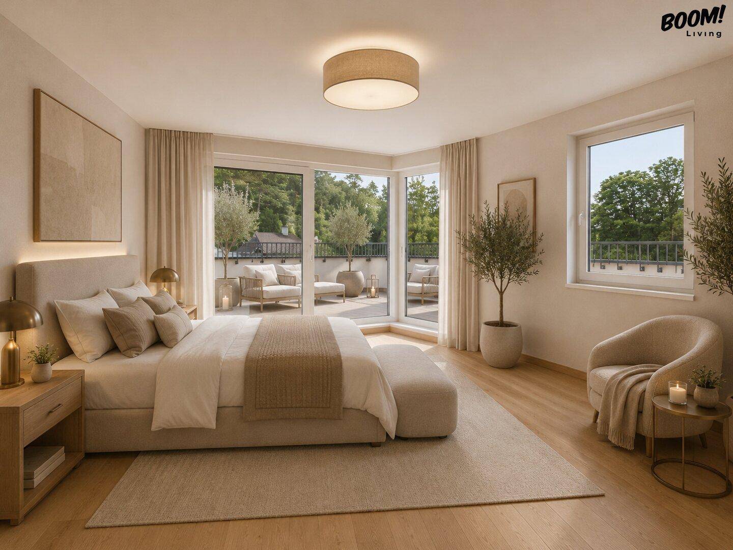 Helles Schlafzimmer mit großem Bett und direktem Zugang zu einer privaten Terrasse.