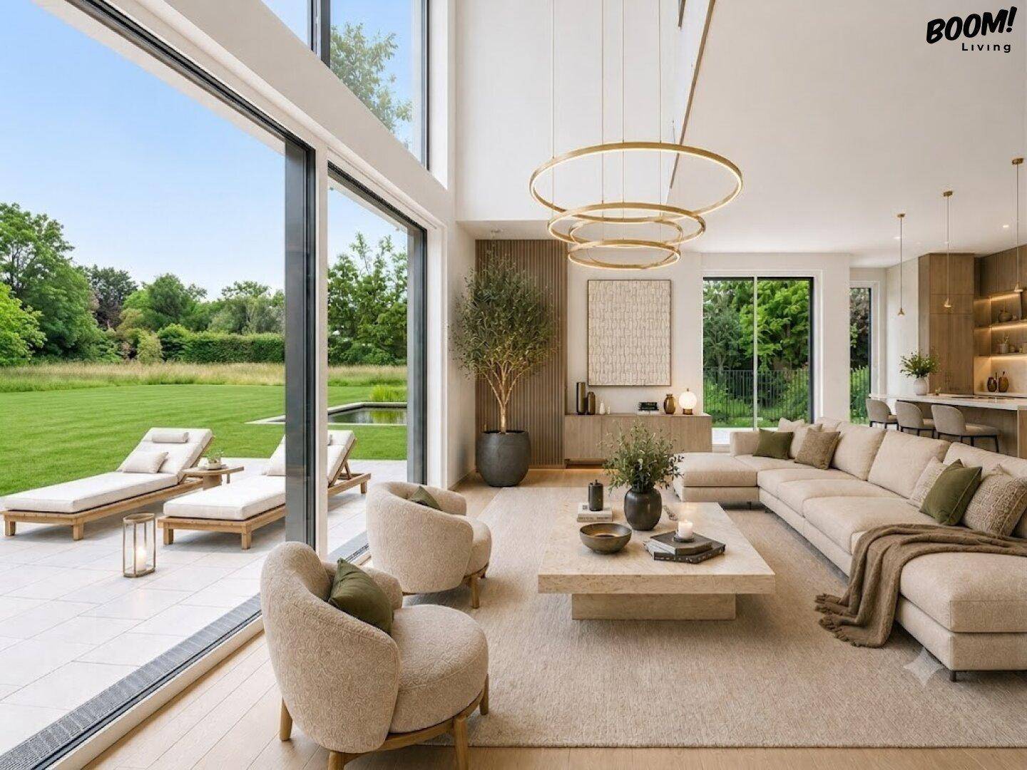 Großzügiges, lichtdurchflutetes Wohnzimmer mit hohen Decken und Zugang zum Garten mit Pool.