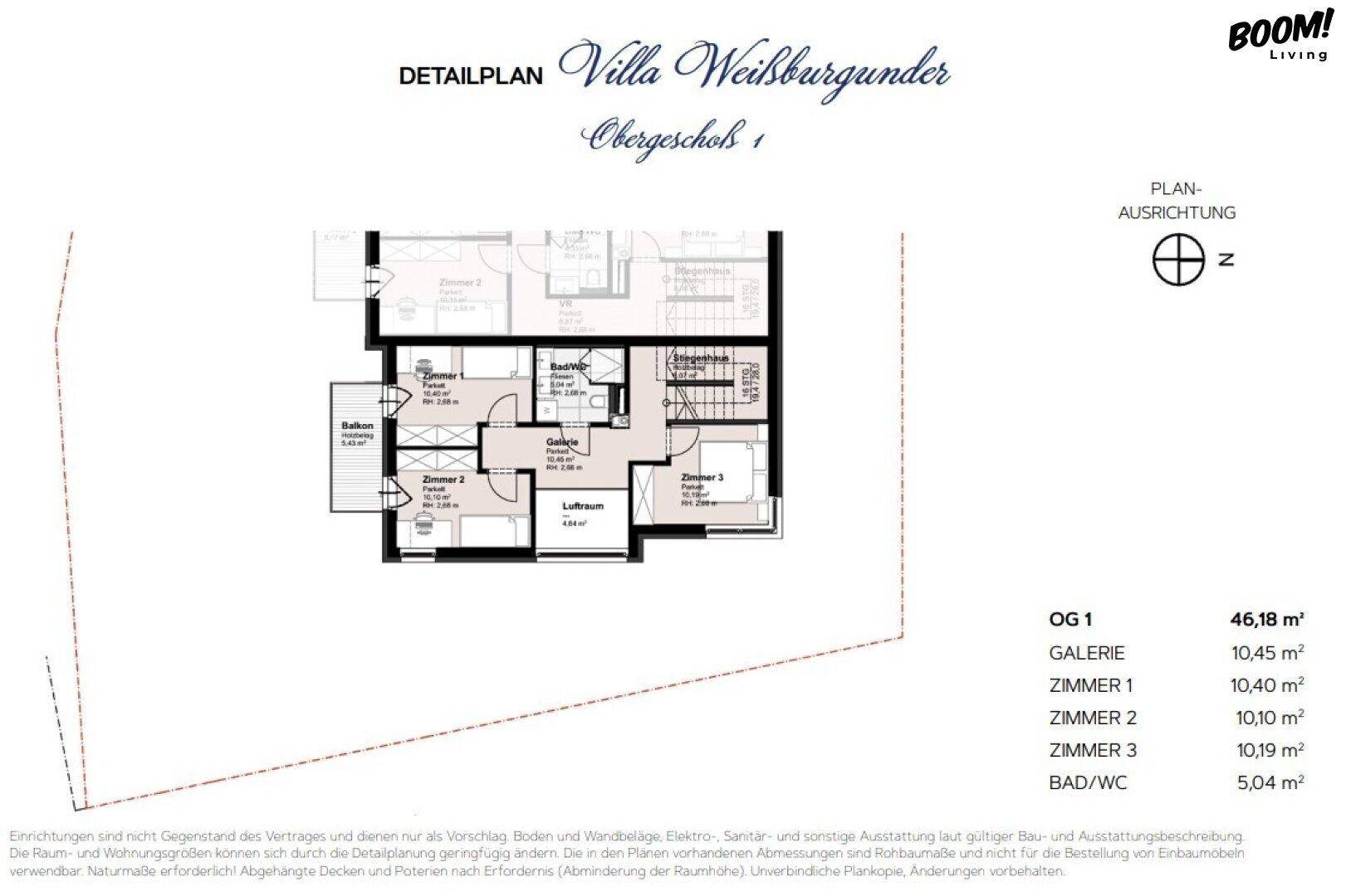 Grundriss des ersten Obergeschosses mit drei Schlafzimmern und Balkonzugang.