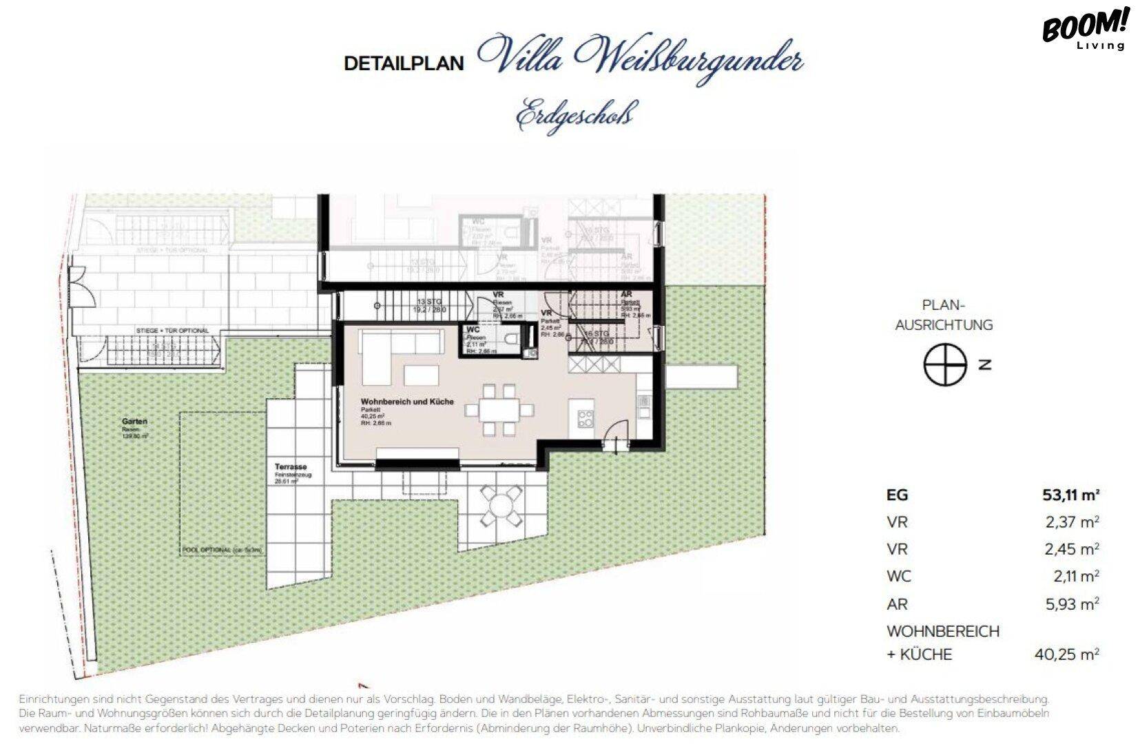 Grundriss des Erdgeschosses mit offenem Wohnbereich, Küche, Terrasse und Garten.