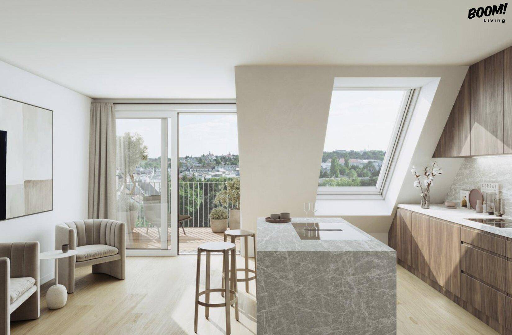 Moderne Küche mit Kochinsel, Holzelementen und Zugang zu einem Balkon mit Aussicht.