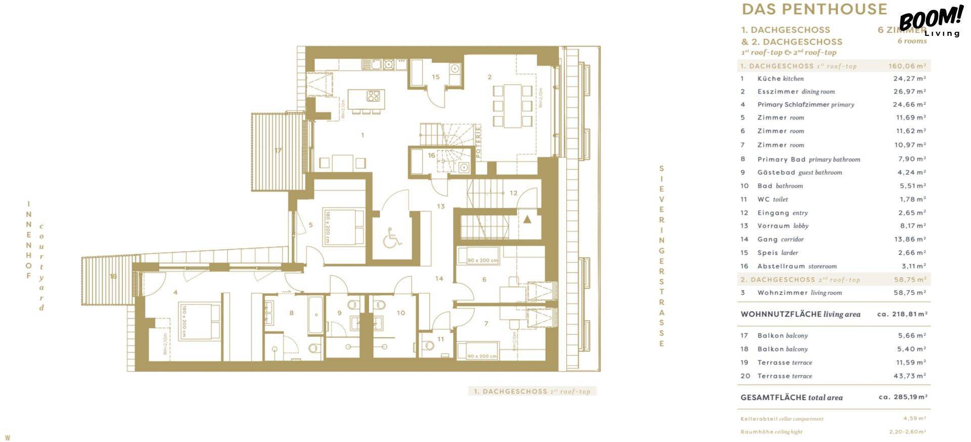 Detaillierter Grundriss des Penthouse mit mehreren Zimmern und Terrassenbereichen.