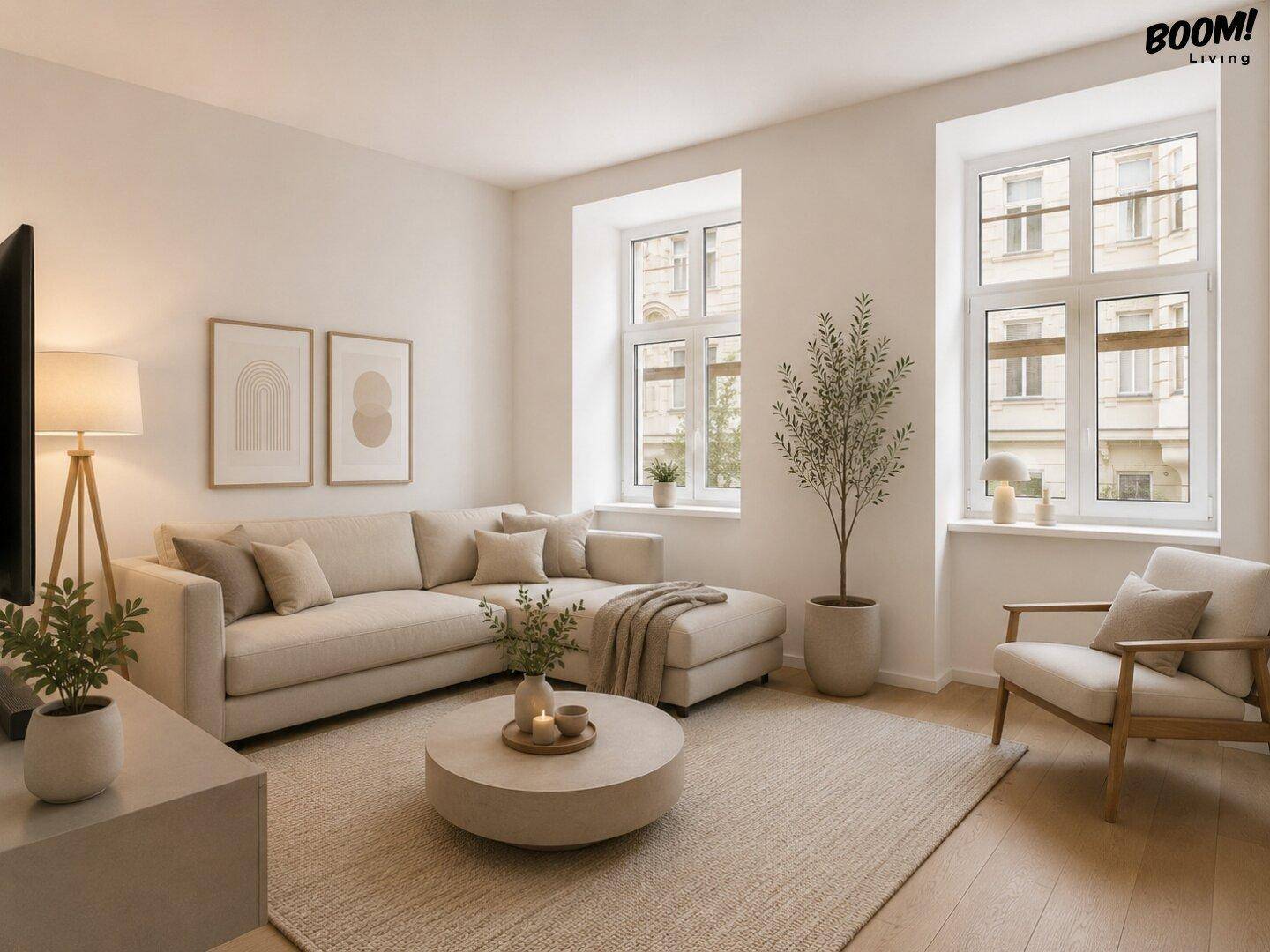 Gemütliches Wohnzimmer mit großem Ecksofa, Holzboden und zwei hohen Fenstern für viel Licht.