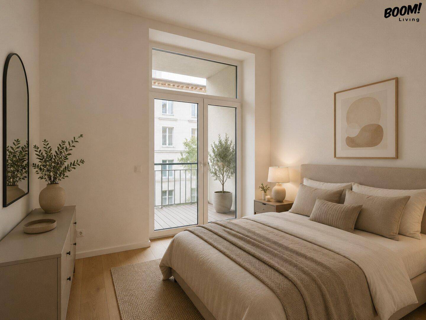 Helles Schlafzimmer mit Doppelbett, Holzboden und Zugang zu einem französischen Balkon.