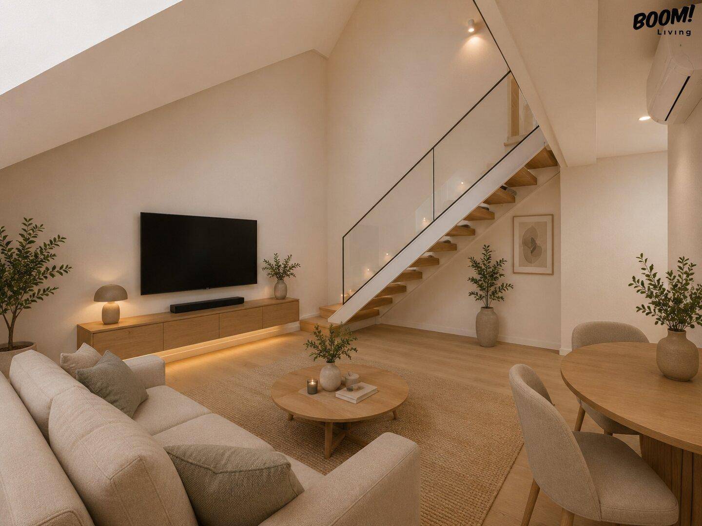 Geräumiges Wohnzimmer mit beigem Sofa, Holzboden und offener Treppe zur Galerie.
