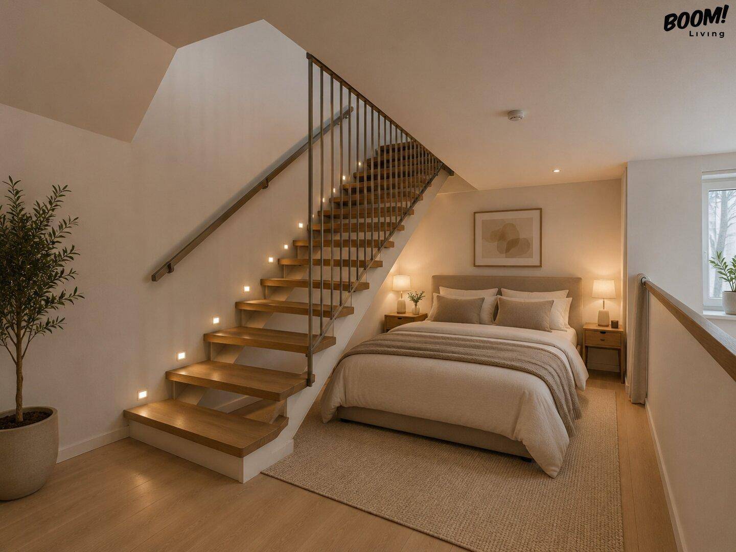 Gemütliches Schlafzimmer unter einer beleuchteten Holztreppe mit Fenster und Nachttischen.