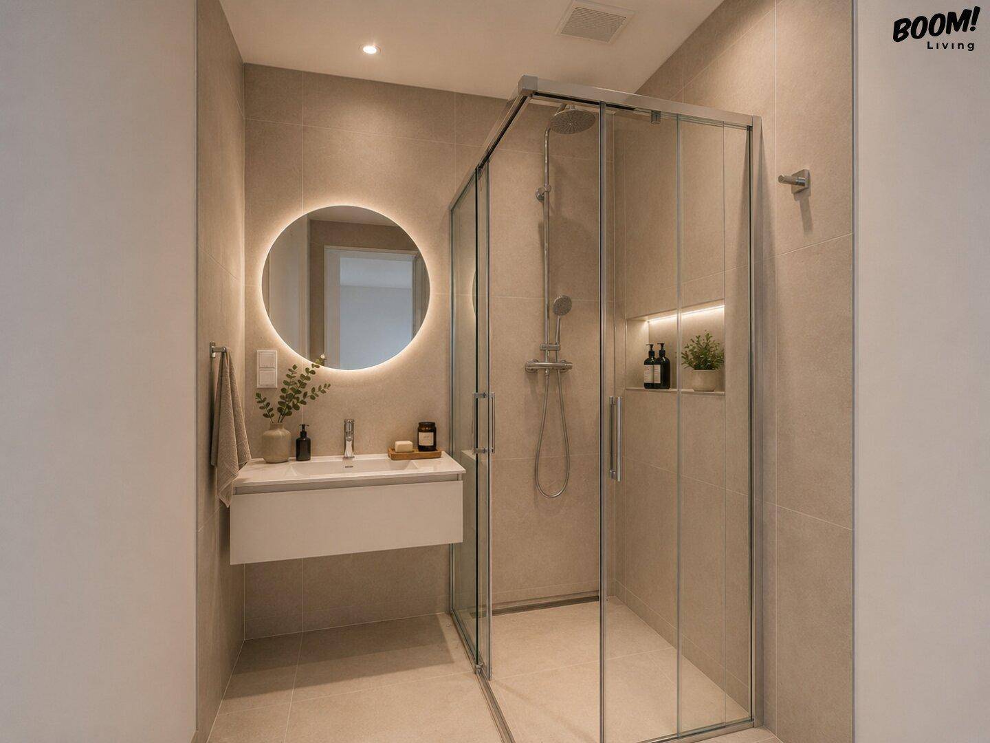 Modernes Badezimmer mit begehbarer Dusche, beleuchtetem Spiegel und hellen Fliesen.