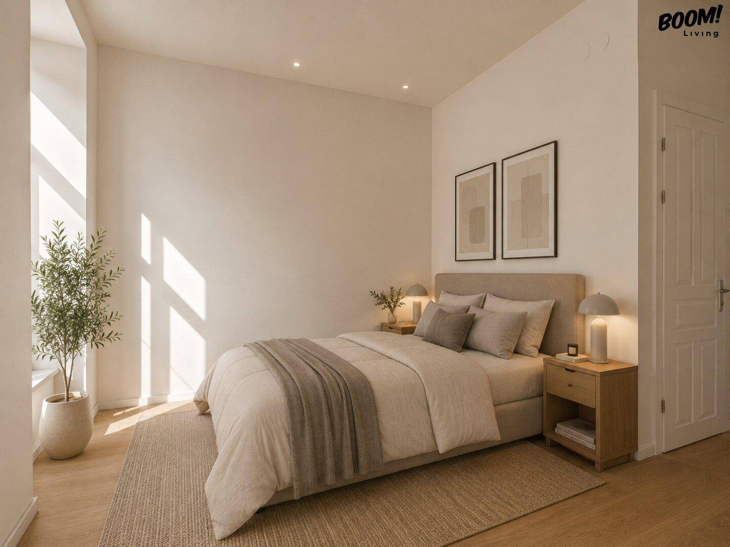 Helles Schlafzimmer mit großem Fenster, Doppelbett und Holzboden.