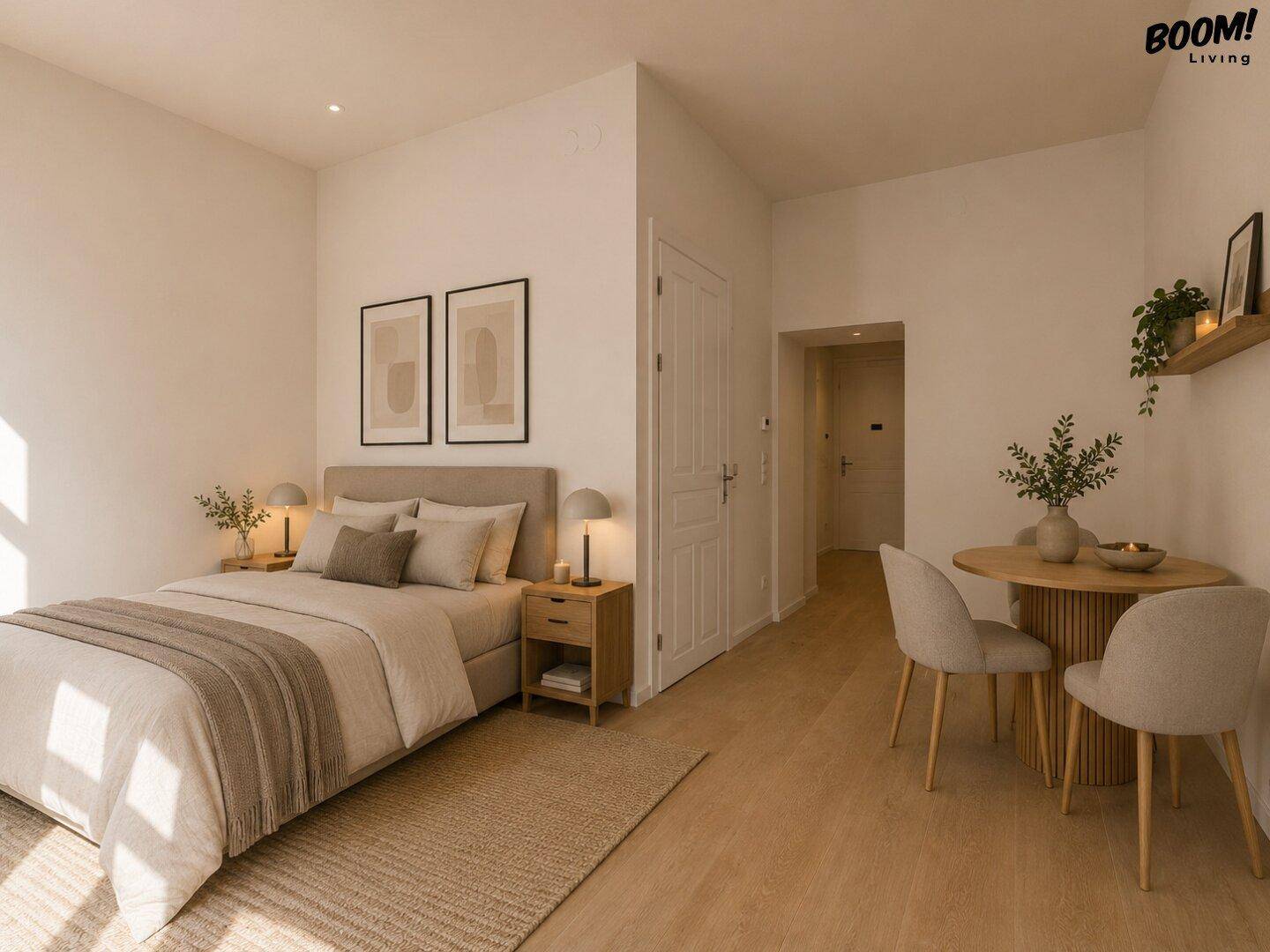 Helles Schlafzimmer mit Doppelbett, Nachttischen und kleinem Essbereich, modern eingerichtet.