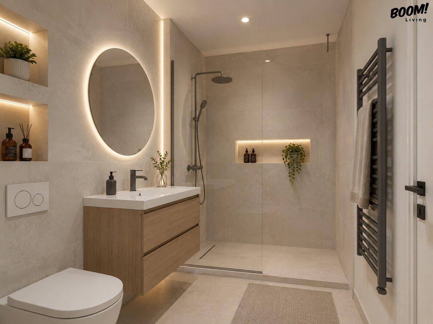 Modernes Badezimmer mit begehbarer Dusche, beleuchtetem Spiegel und beheiztem Handtuchhalter.