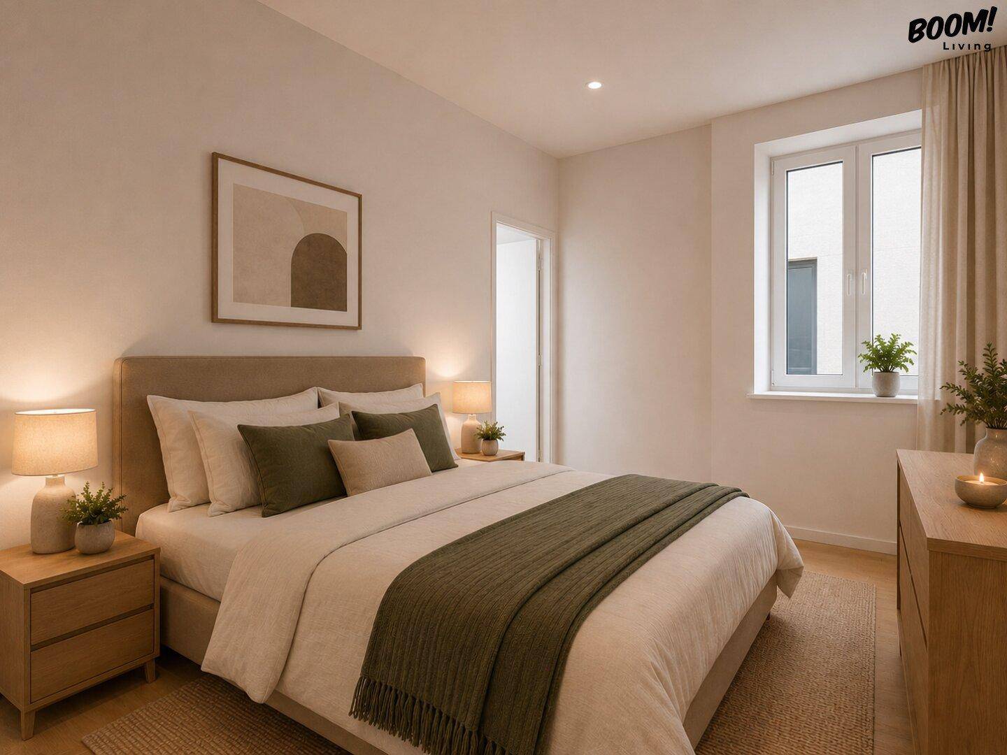 Gemütliches Schlafzimmer mit Doppelbett, Nachttischen und einem Fenster für natürliches Licht.