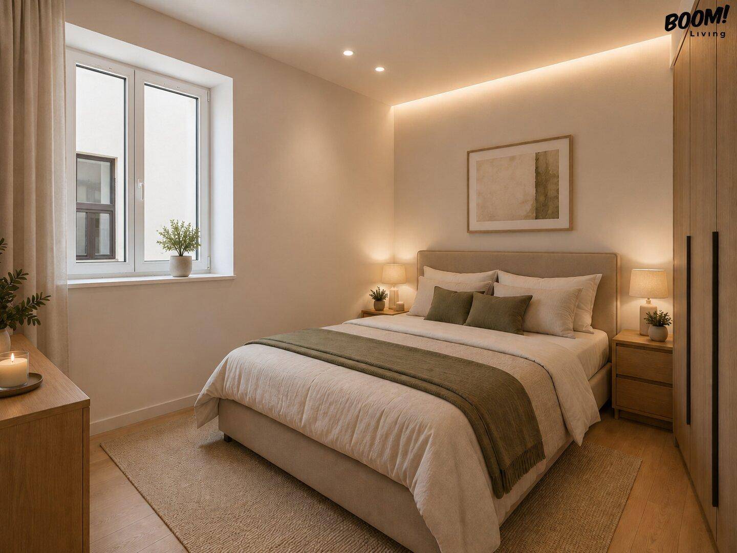 Helles Schlafzimmer mit indirekter Beleuchtung, großem Fenster und modernem Interieur.