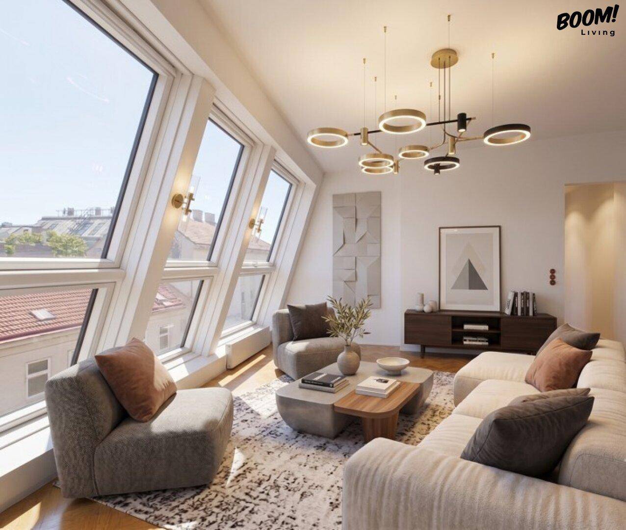 Helles, modernes Wohnzimmer mit großen Dachfenstern, stilvoller Beleuchtung und Stadtblick.