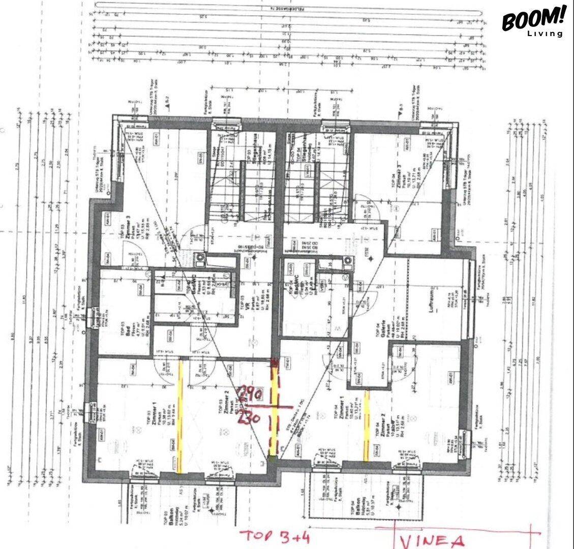 Detaillierter Grundriss für zwei Wohneinheiten mit Zimmeraufteilung und Balkonen.