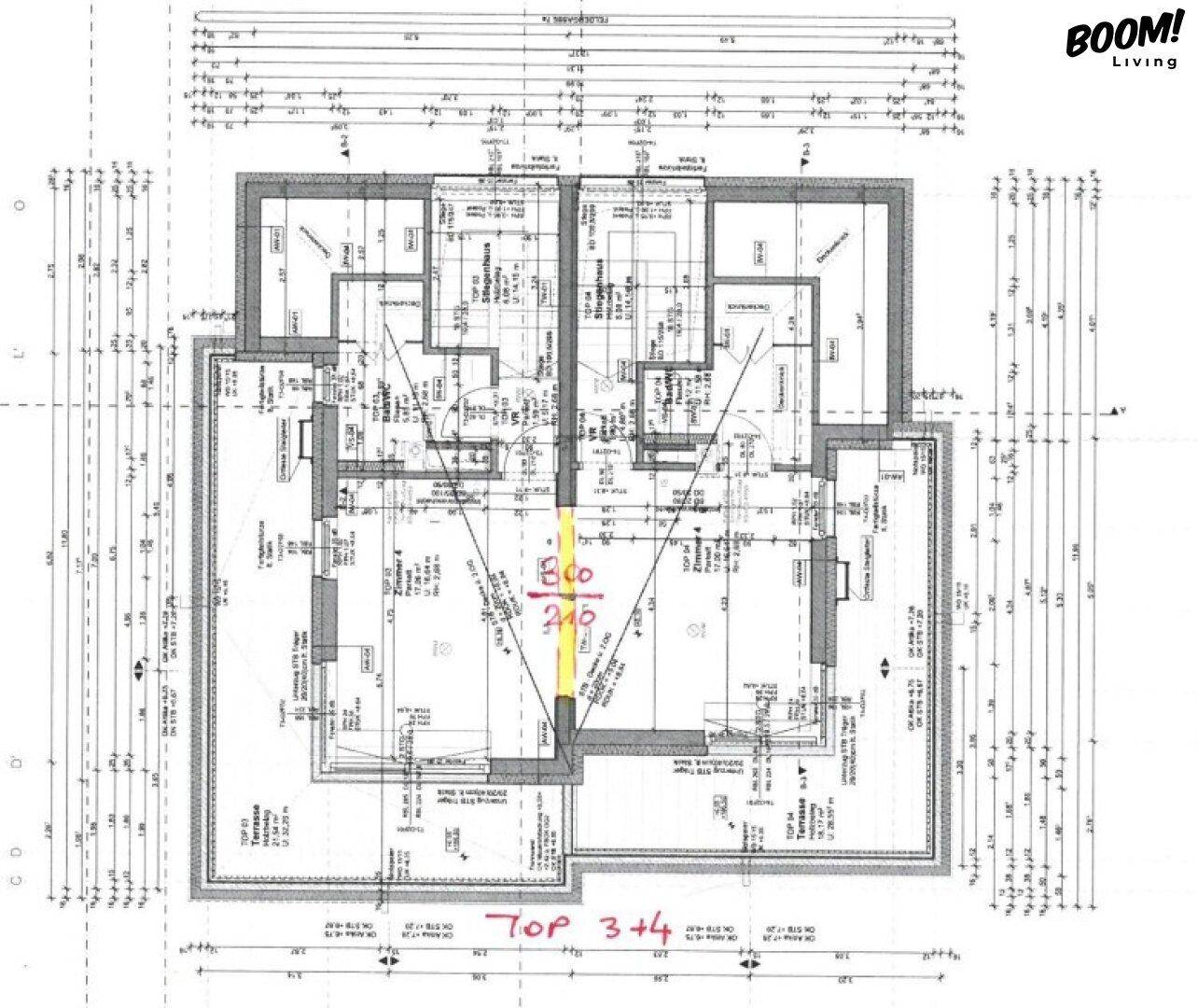 Grundriss für zwei Wohneinheiten mit detaillierten Raummaßen und Terrassenzugang.