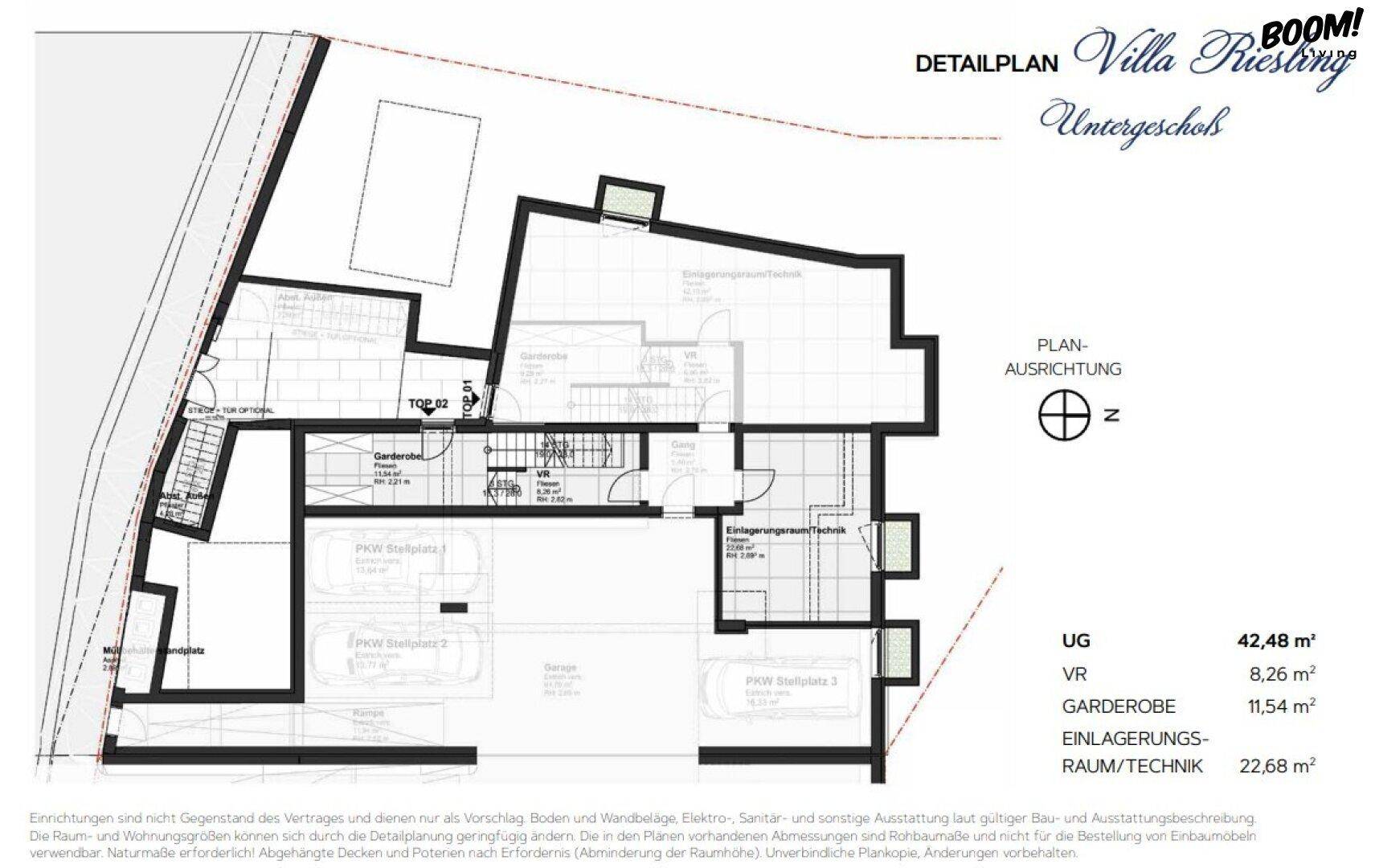 Detaillierter Grundriss des Untergeschosses mit Garderobe und Technikraum.