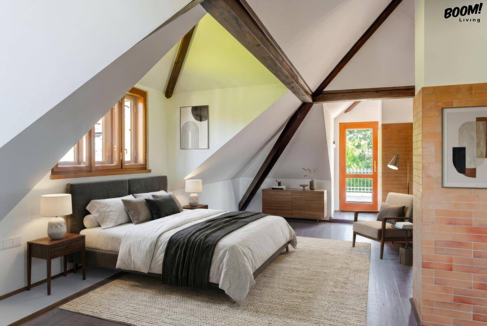 Gemütliches Schlafzimmer im Dachgeschoss mit Holzbalken, schrägen Wänden und modernem Bett.