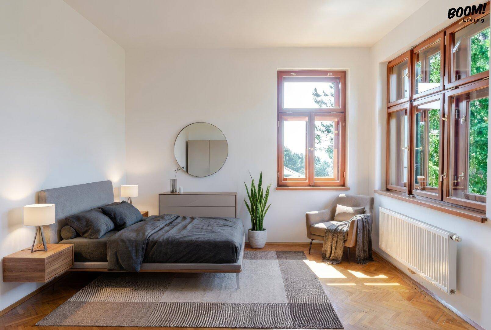 Helles Schlafzimmer mit Parkettboden, großen Fenstern und minimalistischer Einrichtung.