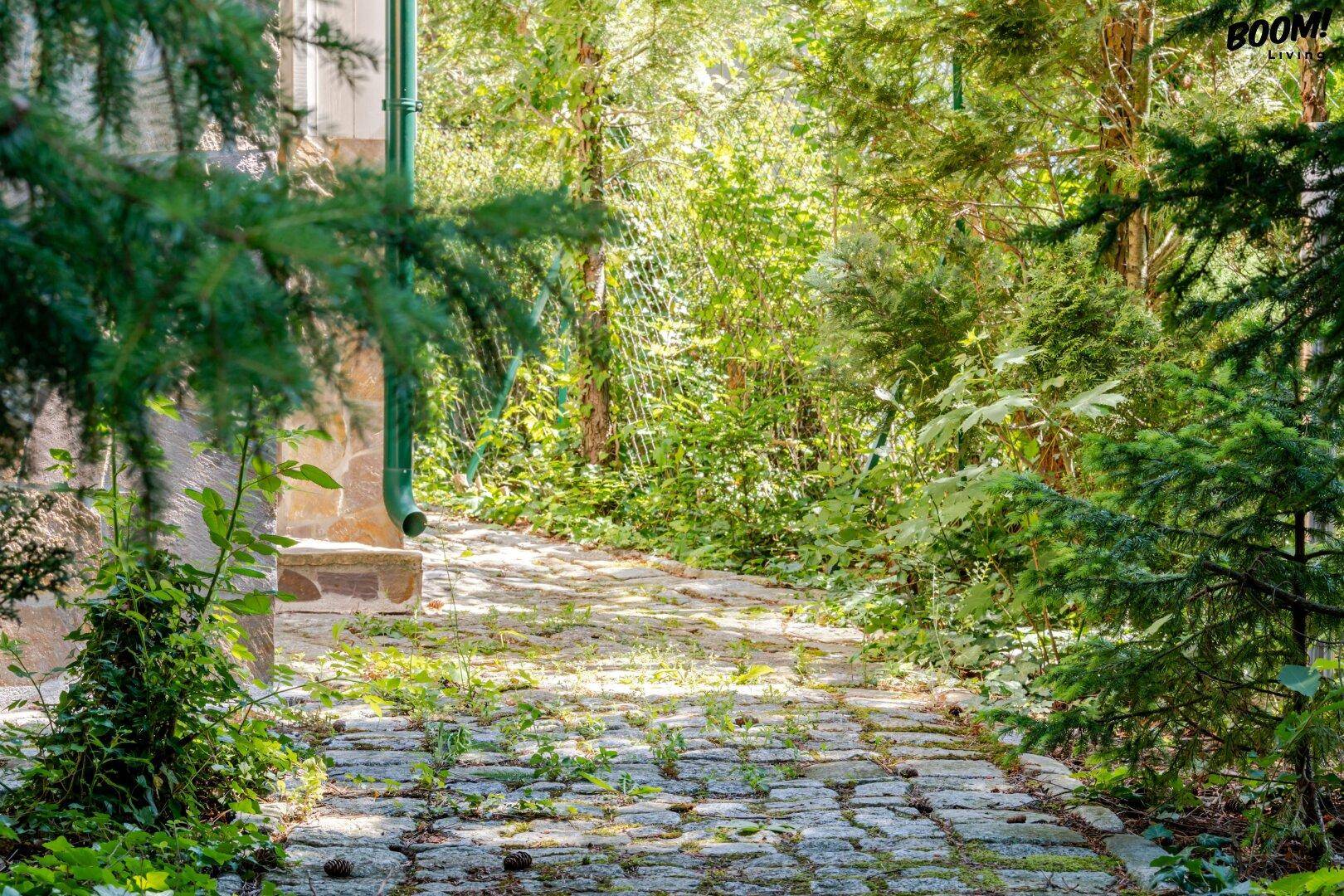 Steinweg führt durch den üppigen, bewachsenen Gartenbereich der Villa.