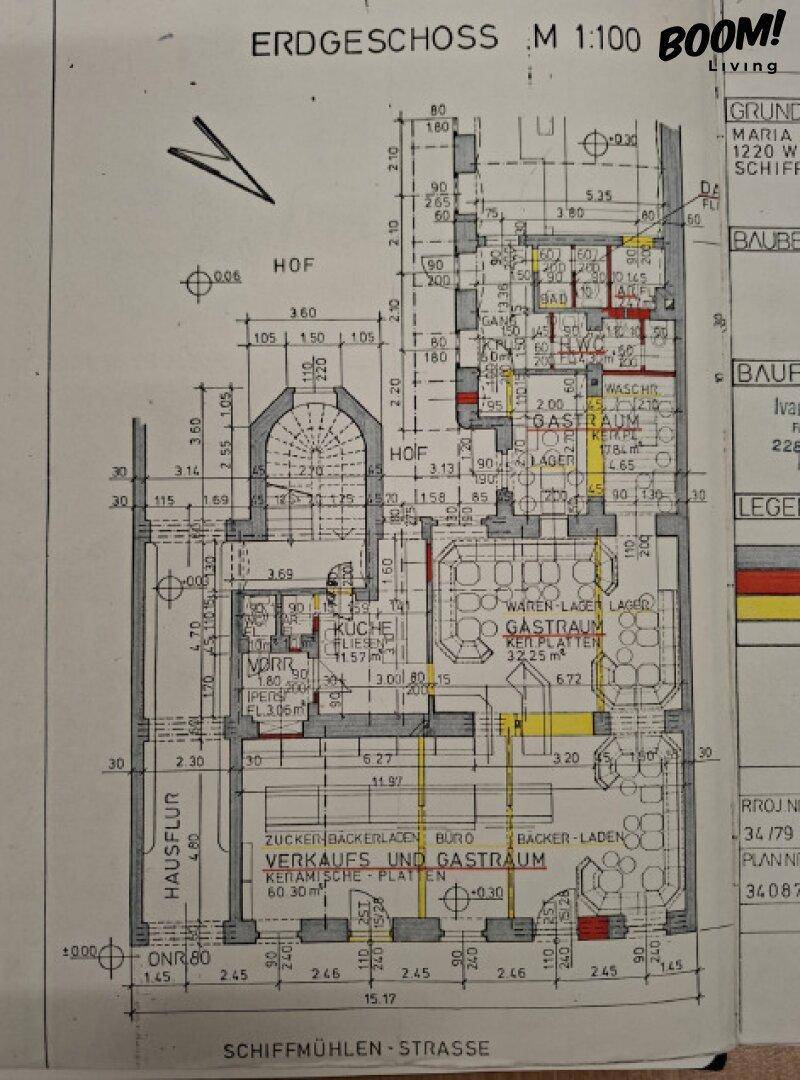 Detaillierter Grundriss des Erdgeschosses mit Gastraum, Lager und weiteren Funktionsbereichen.
