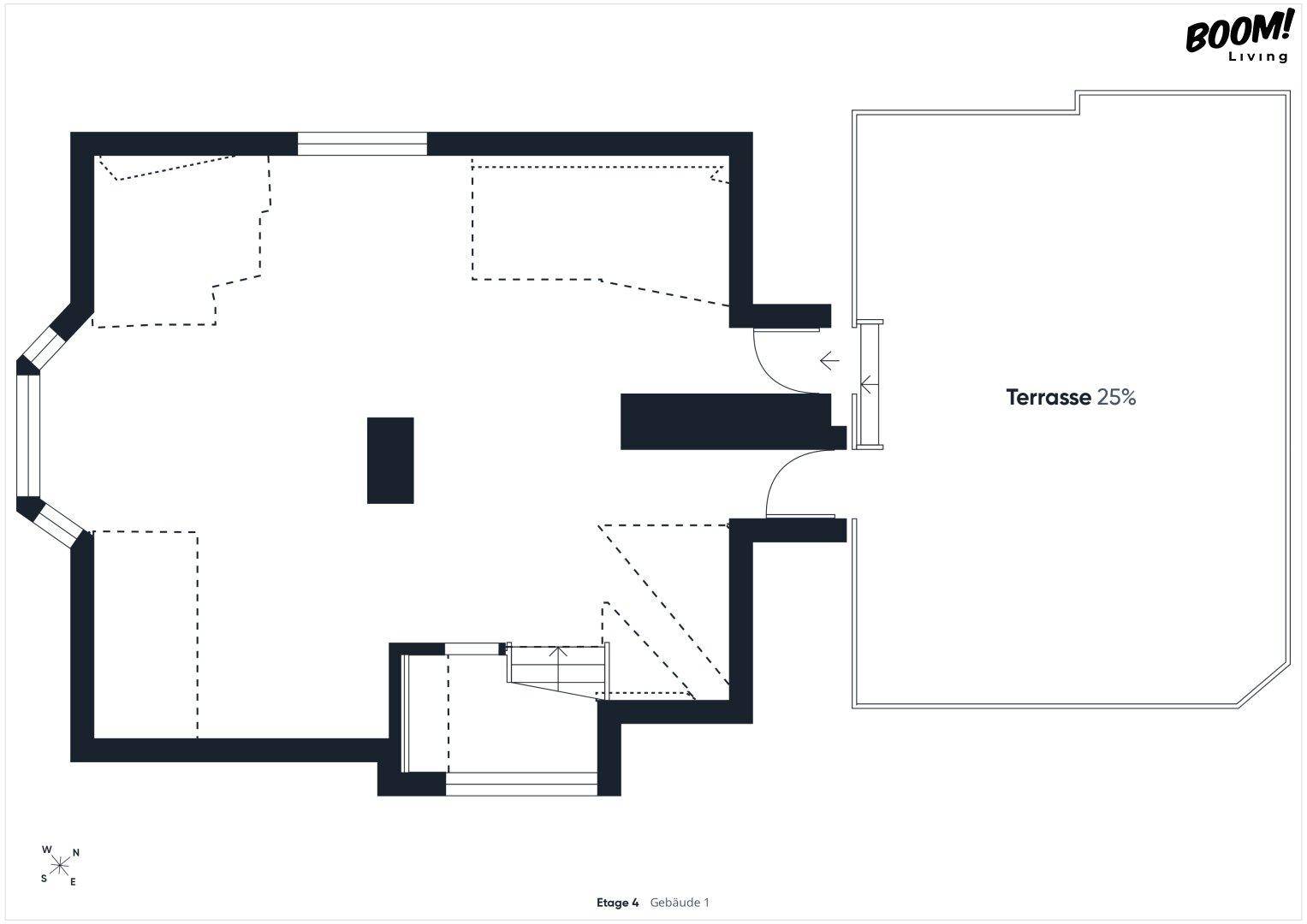 Grundriss der vierten Etage mit einem großen Raum und einer angrenzenden Terrasse.