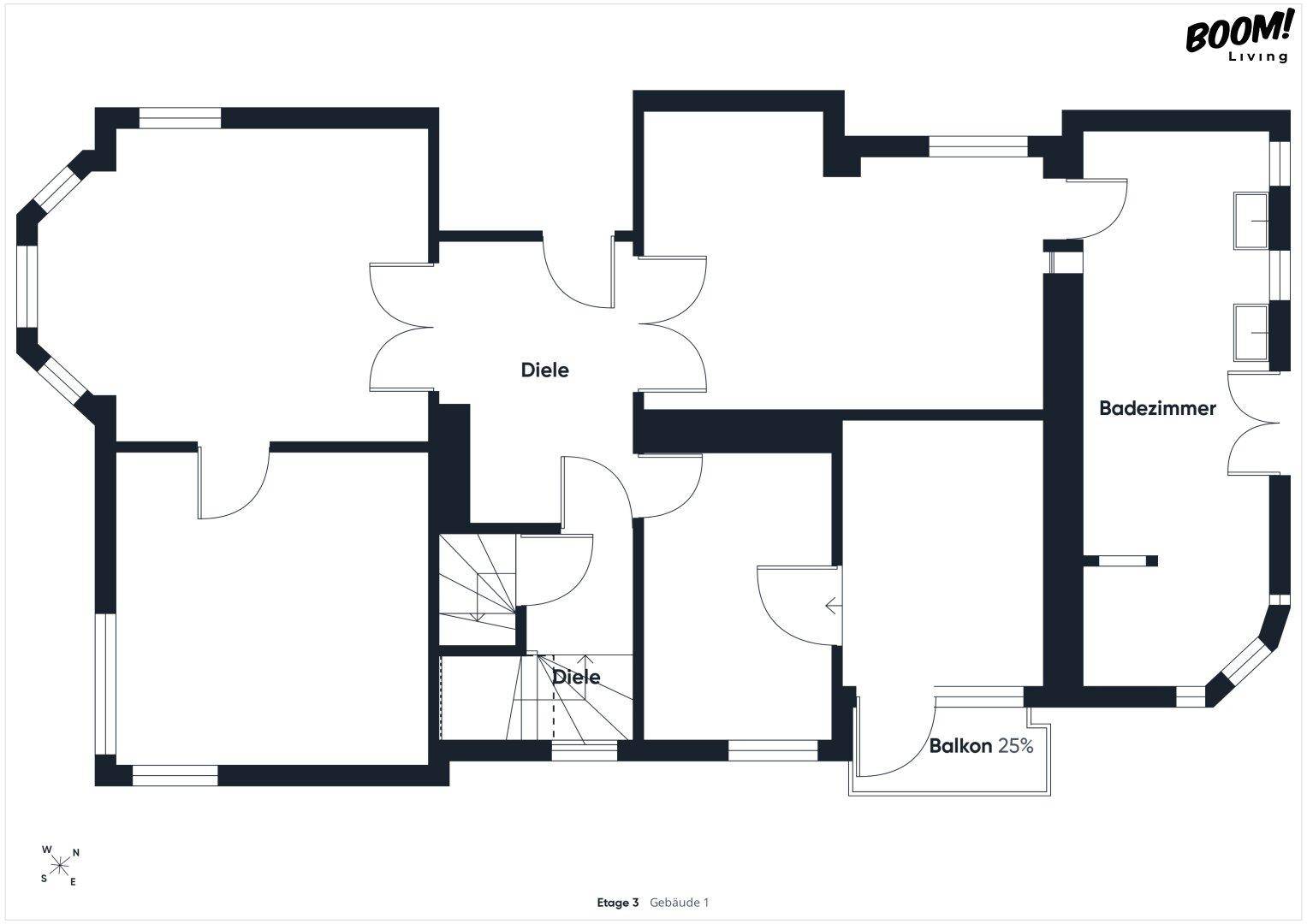 Grundriss der dritten Etage mit mehreren Zimmern, einem Badezimmer und einem Balkon.