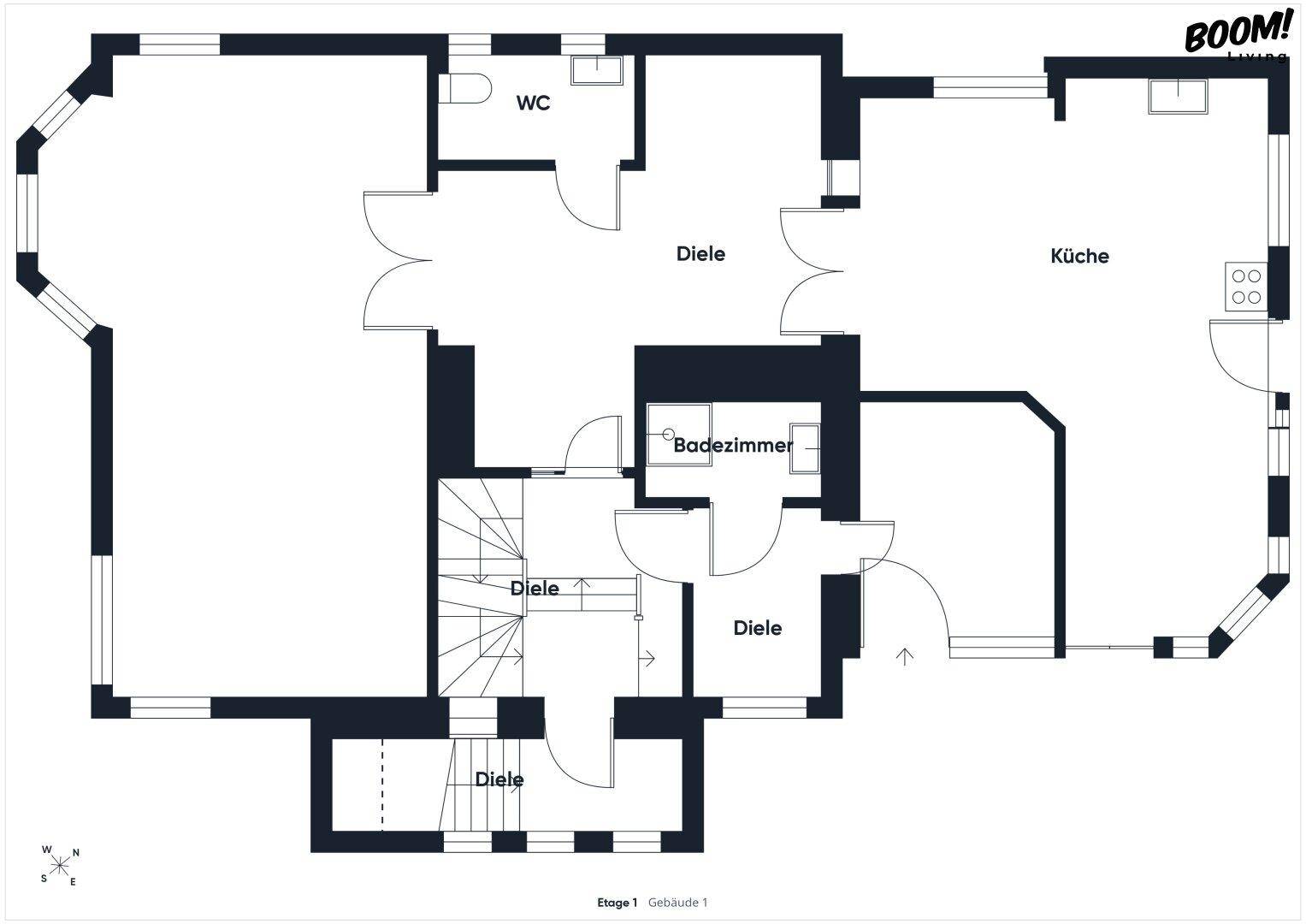Grundriss der ersten Etage mit Küche, WC, Badezimmer und Diele.