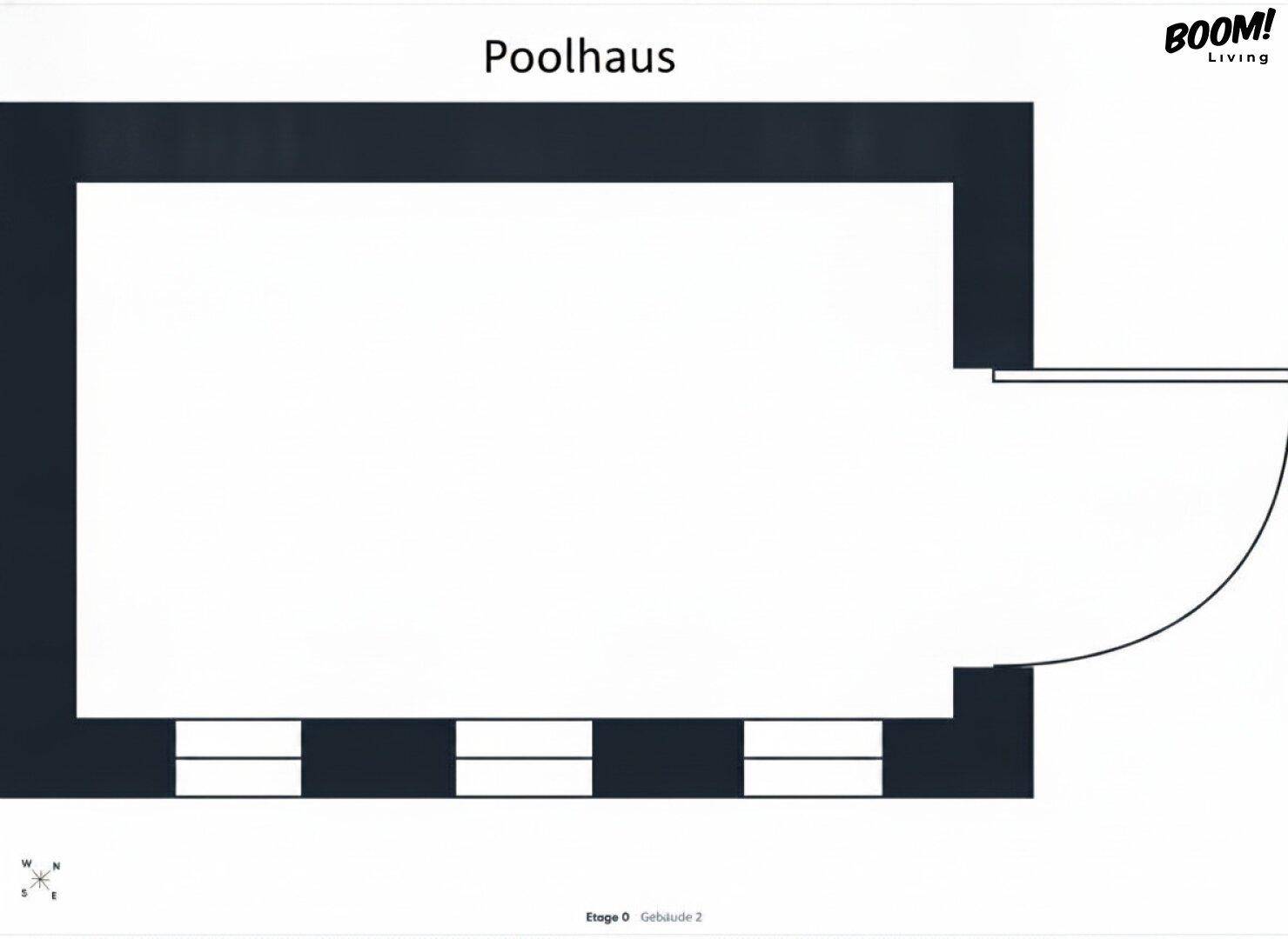Grundriss des Poolhauses mit einem großen Raum und Fensteröffnungen.