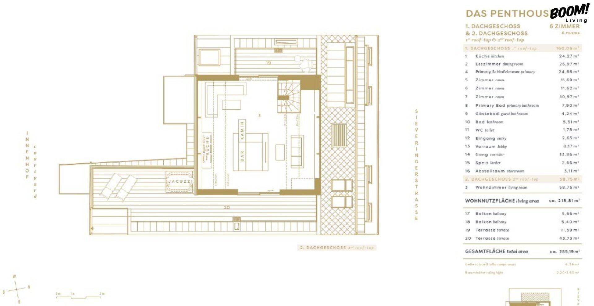 Grundriss des oberen Dachgeschosses mit großem Wohnbereich und Dachterrasse.