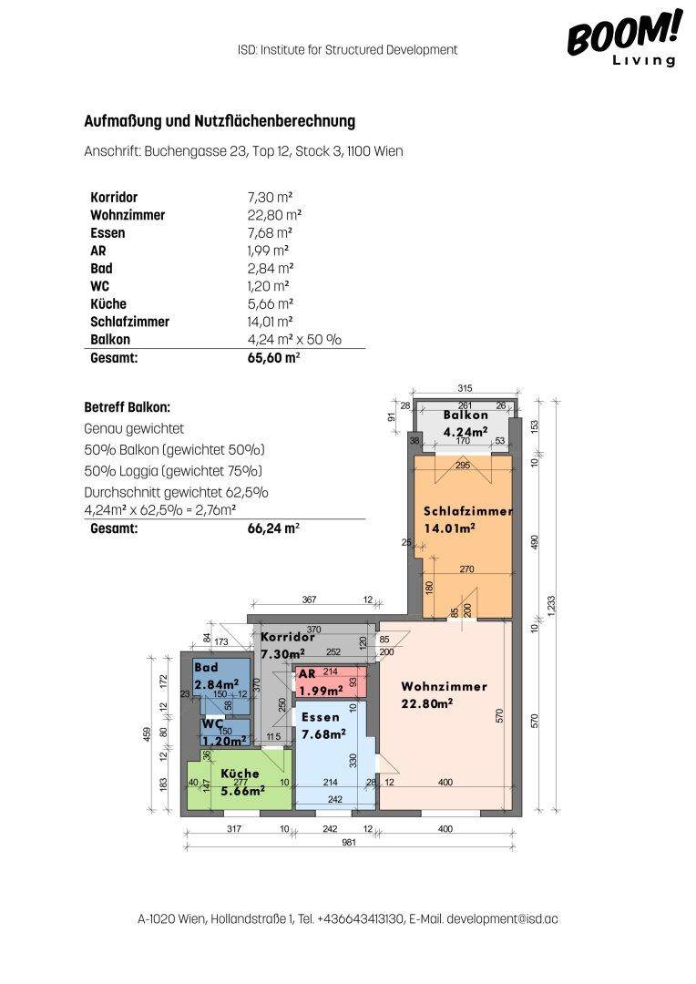 Grundriss der Wohnung mit detaillierten Flächenangaben für jeden Raum und Balkon.
