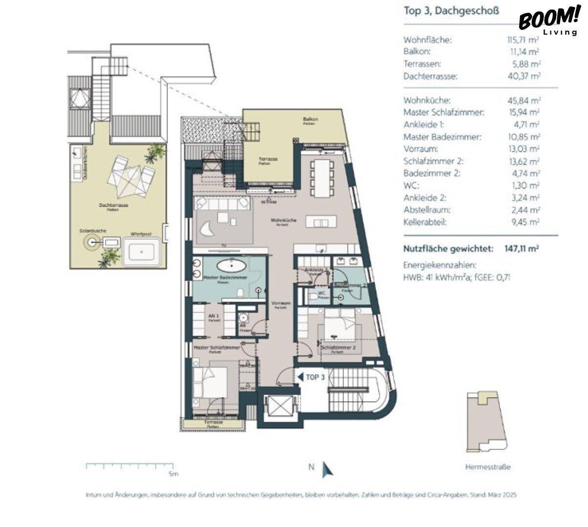 Detaillierter Grundriss des Dachgeschosses mit Wohnflächenangaben und Terrassen.