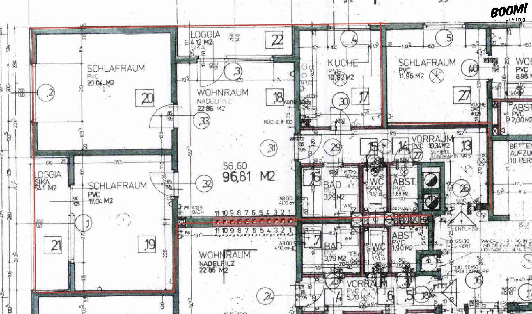 Grundriss einer Wohnung mit drei Schlafzimmern, zwei Bädern, separaten WCs und zwei Loggien.