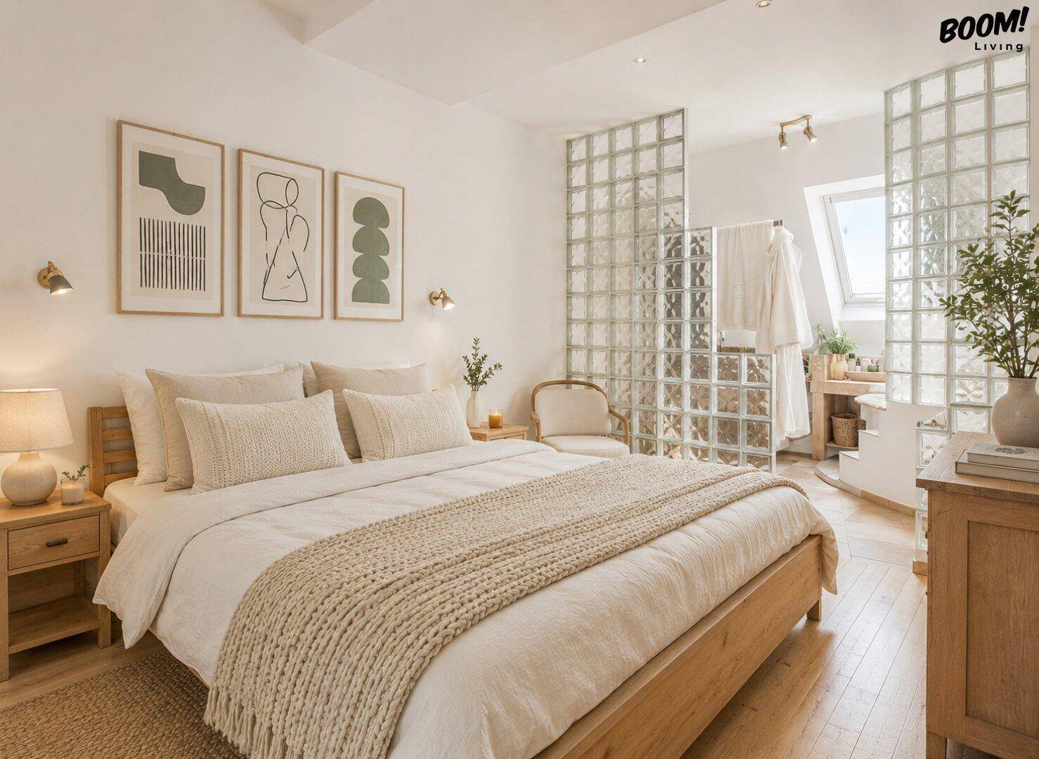 Helles Schlafzimmer mit Holzbett, Holzboden und integriertem Badbereich mit Glasbausteinen.