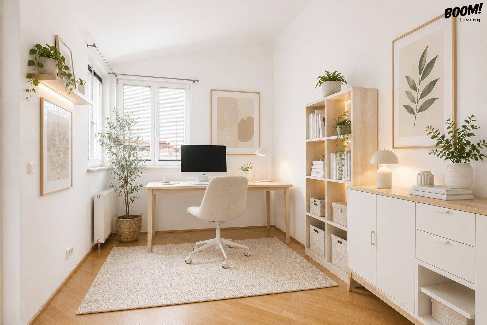 Helles Arbeitszimmer mit Schreibtisch, Bücherregal und Pflanzen, ideal für Home-Office.