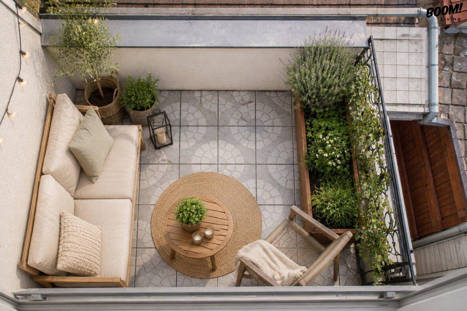 Gemütlicher Balkon mit Sitzgelegenheiten, Pflanzen und dekorativer Beleuchtung.
