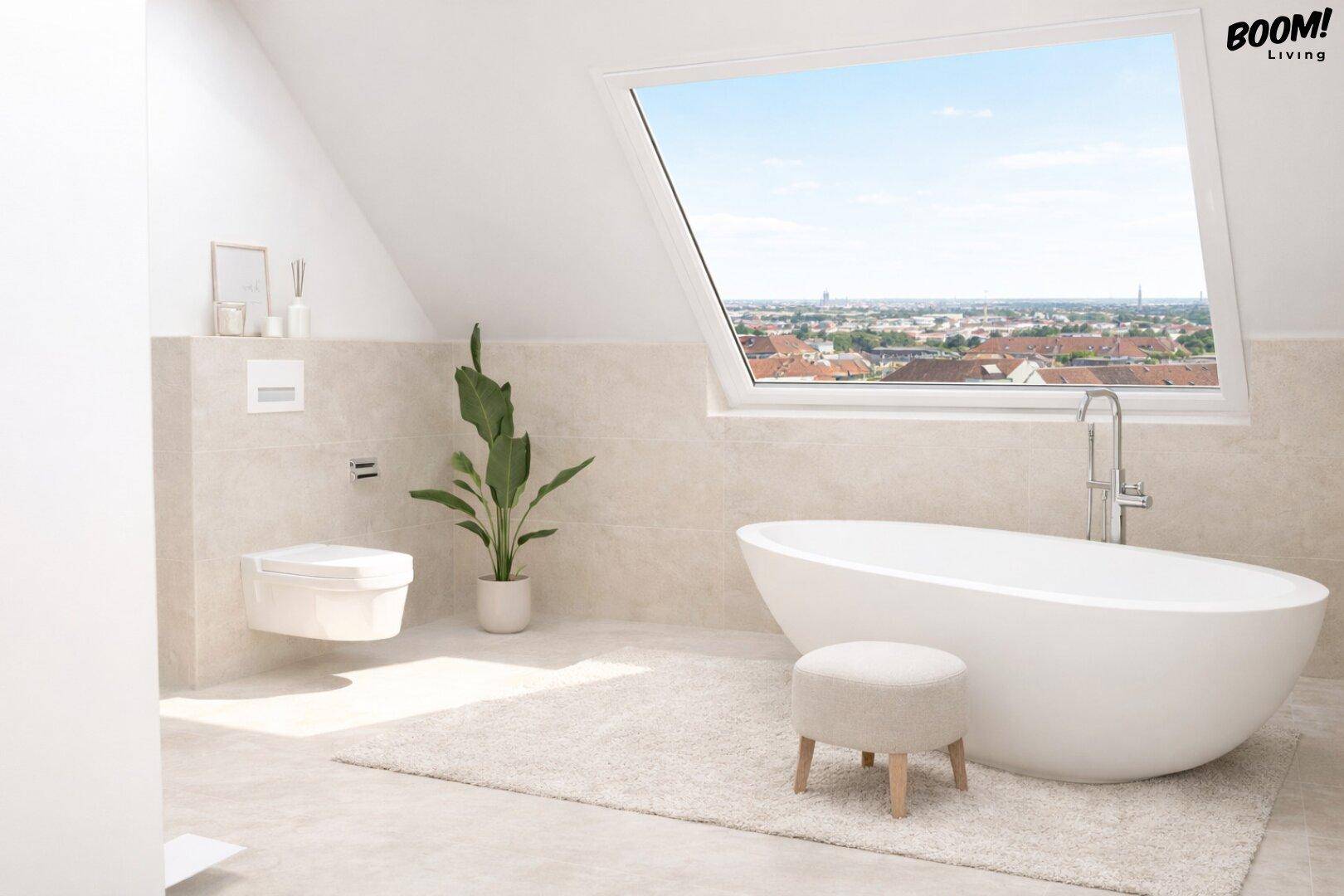 Modernes Badezimmer mit freistehender Badewanne, Wand-WC und Dachfenster mit Stadtblick.