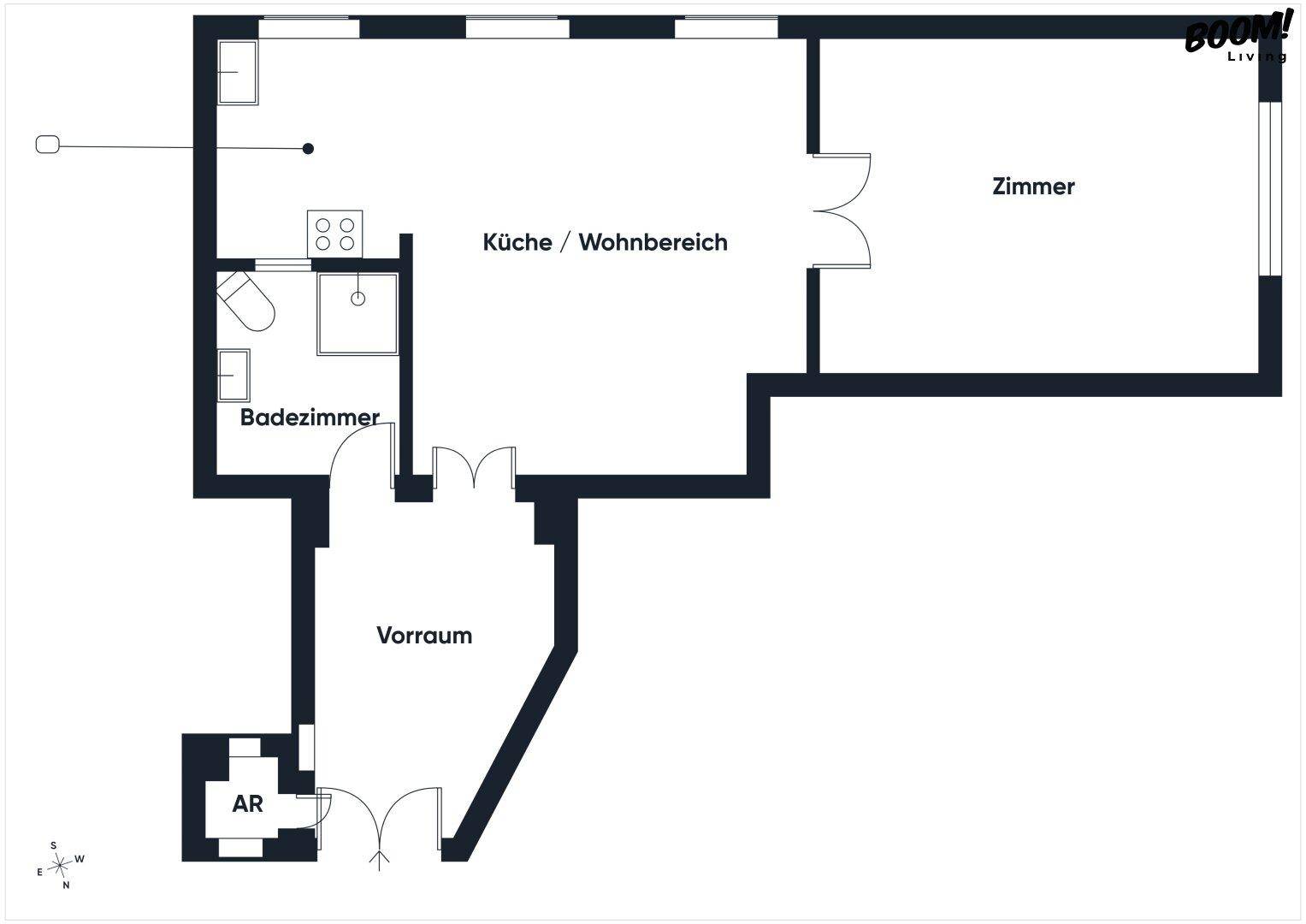 Grundriss einer Wohnung mit offenem Küchen-/Wohnbereich, einem Zimmer, Badezimmer und Vorraum mit Abstellraum.